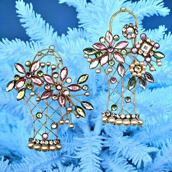 Katherine’s Collections Rhinestone Flower Basket Ornaments • Set of 2 • Vintage - Picture 2 of 10